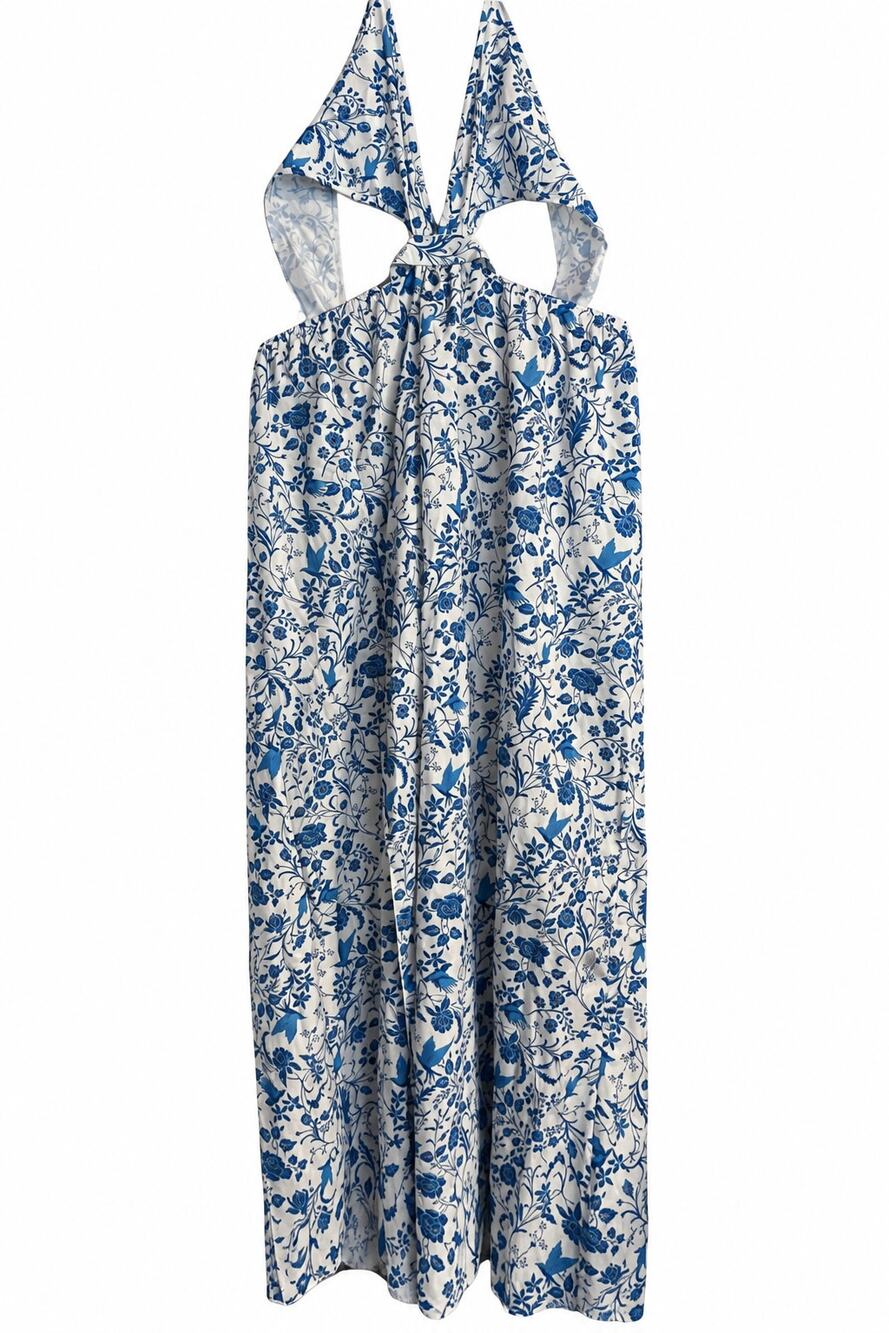 SHEIN Blue White Floral Wrap Swim Cover-Up Dress Large